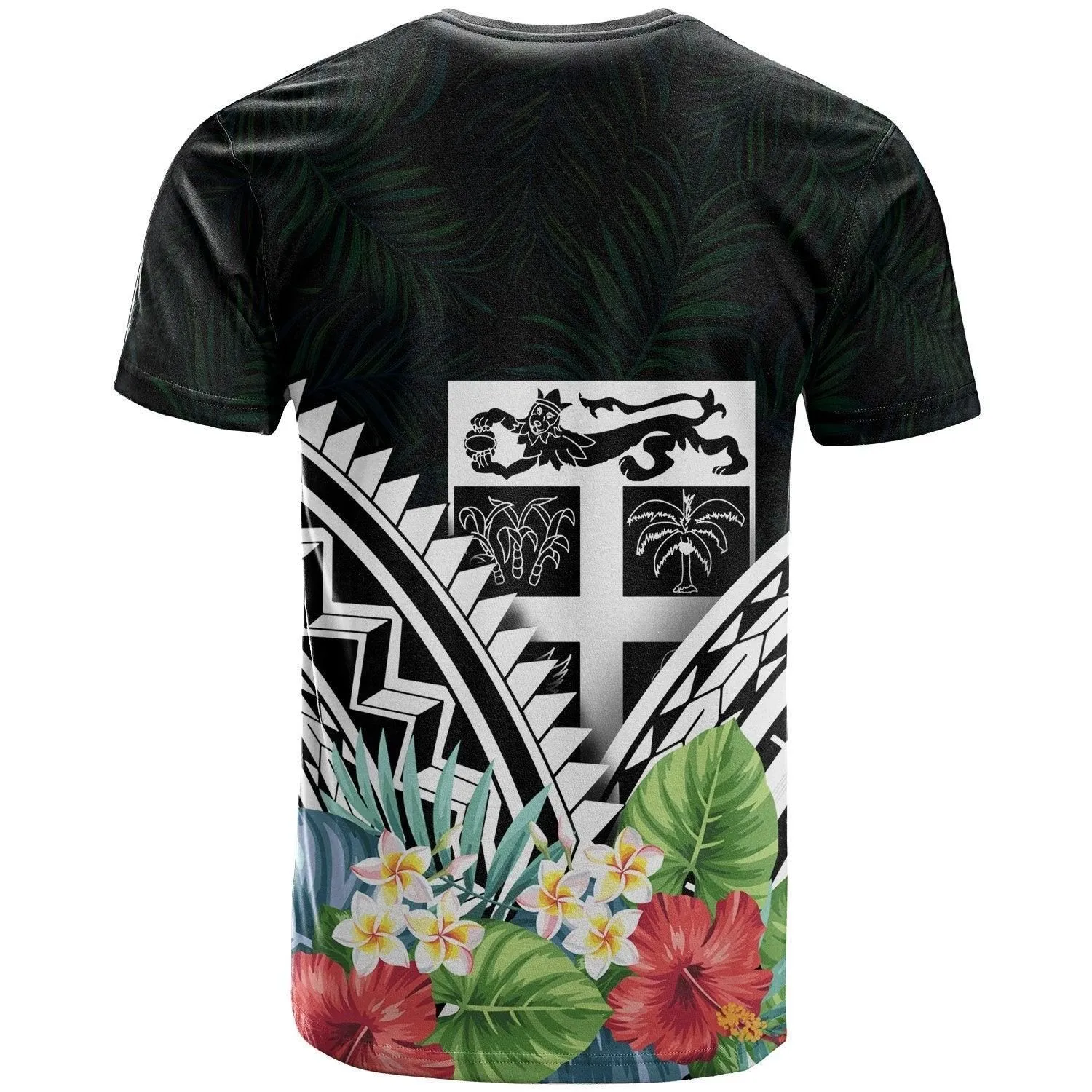 Fiji Polynesian T-Shirts -Fiji Coat Of Arms & Polynesian Tropical Flowers White