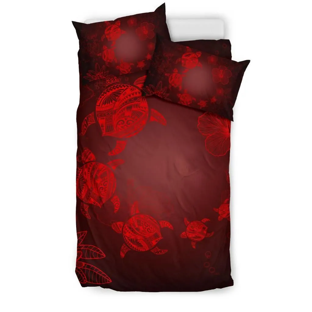 Hawaiian Plumeria Hibiscus Turtle Under The Sea Polynesian Bedding Set Red