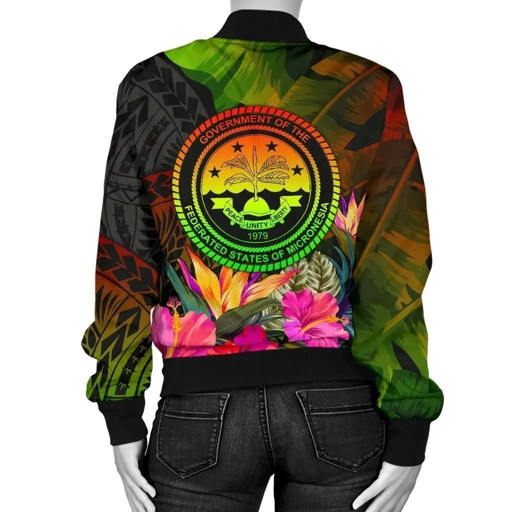 Federated States of Micronesia Polynesian Personalised Bomber Jackets -  Hibiscus and Banana Leaves - BN15