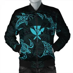 Polynesian Turtle Hammerhead Shark Ray Kanaka Hawaii Bomber Jacket Circle Blue - AH