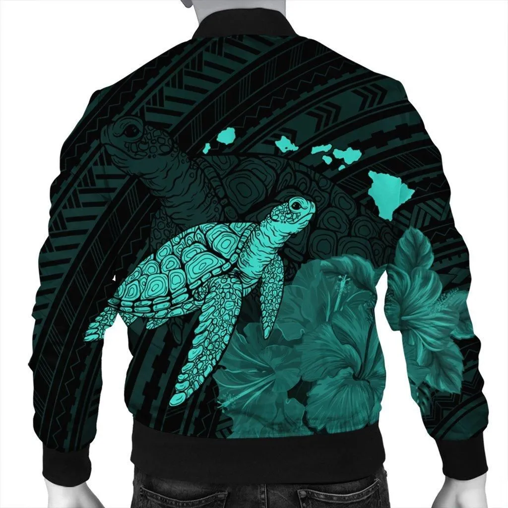 Hawaii Polynesian Hibiscus Turtle Map Bomber Jacket Turquoise - AH