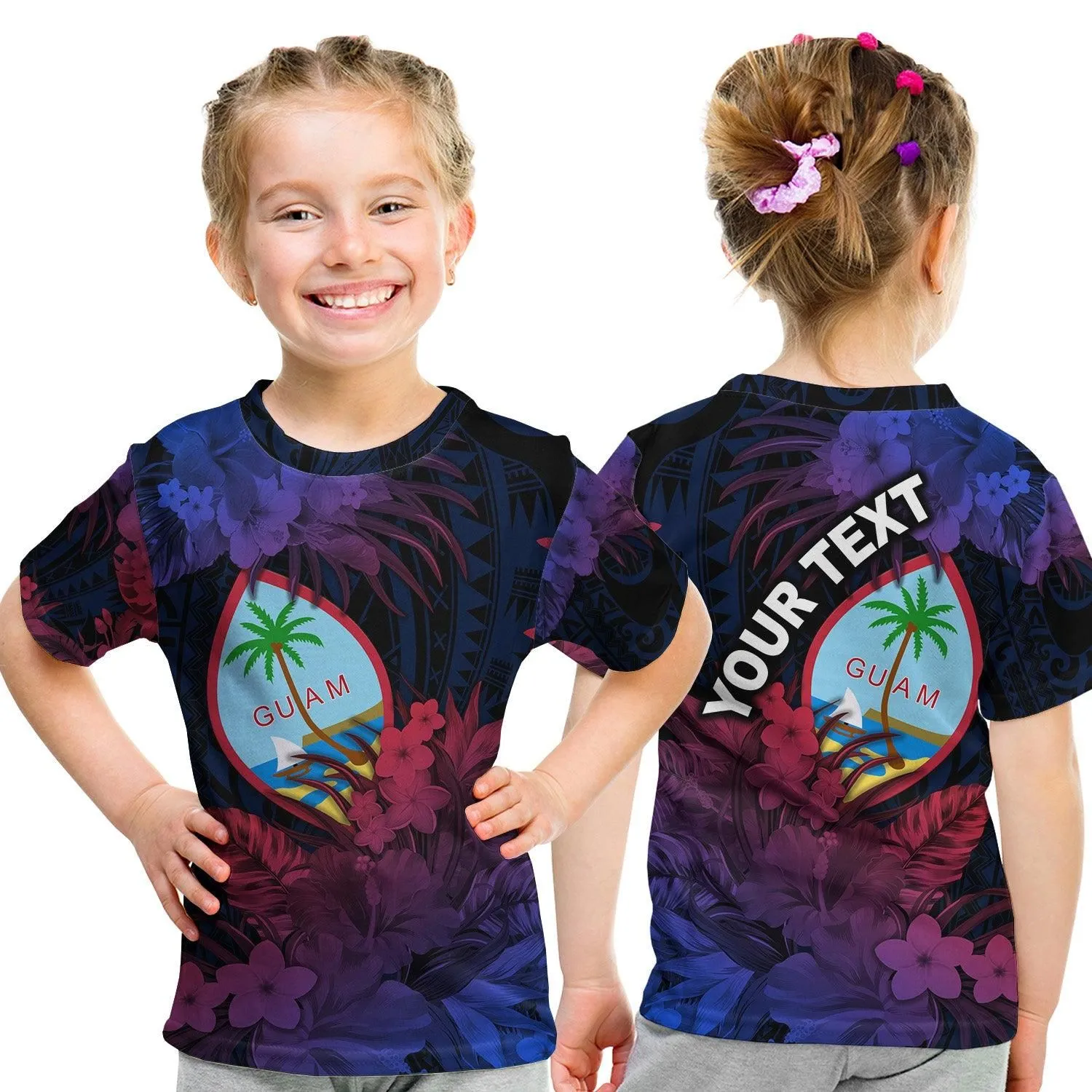 (Custom Personalised) Guam Polynesian T Shirt KID Tropical Flowers - Gradient Vibes LT8
