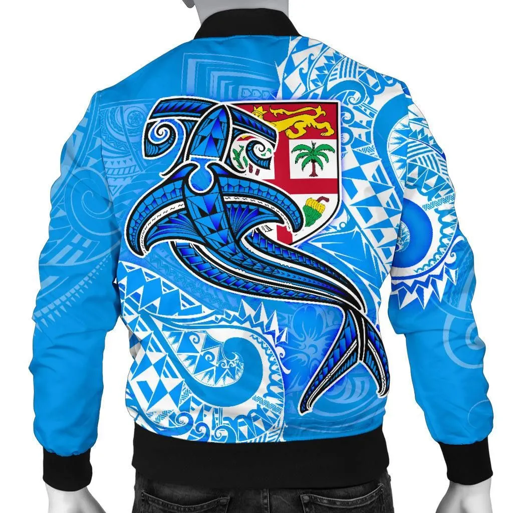 Fiji Men's Bomber Jacket - Blue Shark Polynesian Tattoo - BN18