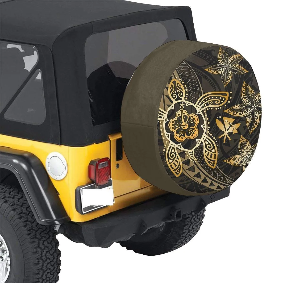 Kanaka Map Hibiscus Plumeria Turtle Art Gold Polynesian Spare Tire Cover AH