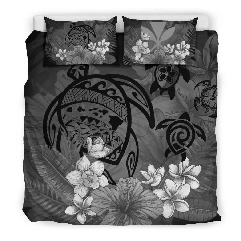 FamilyGater Home Set - Hawaiian Map Hibiscus Plumeria Kanaka Bouquet Turtle  Polynesian Bedding Set - Gray - AH J9