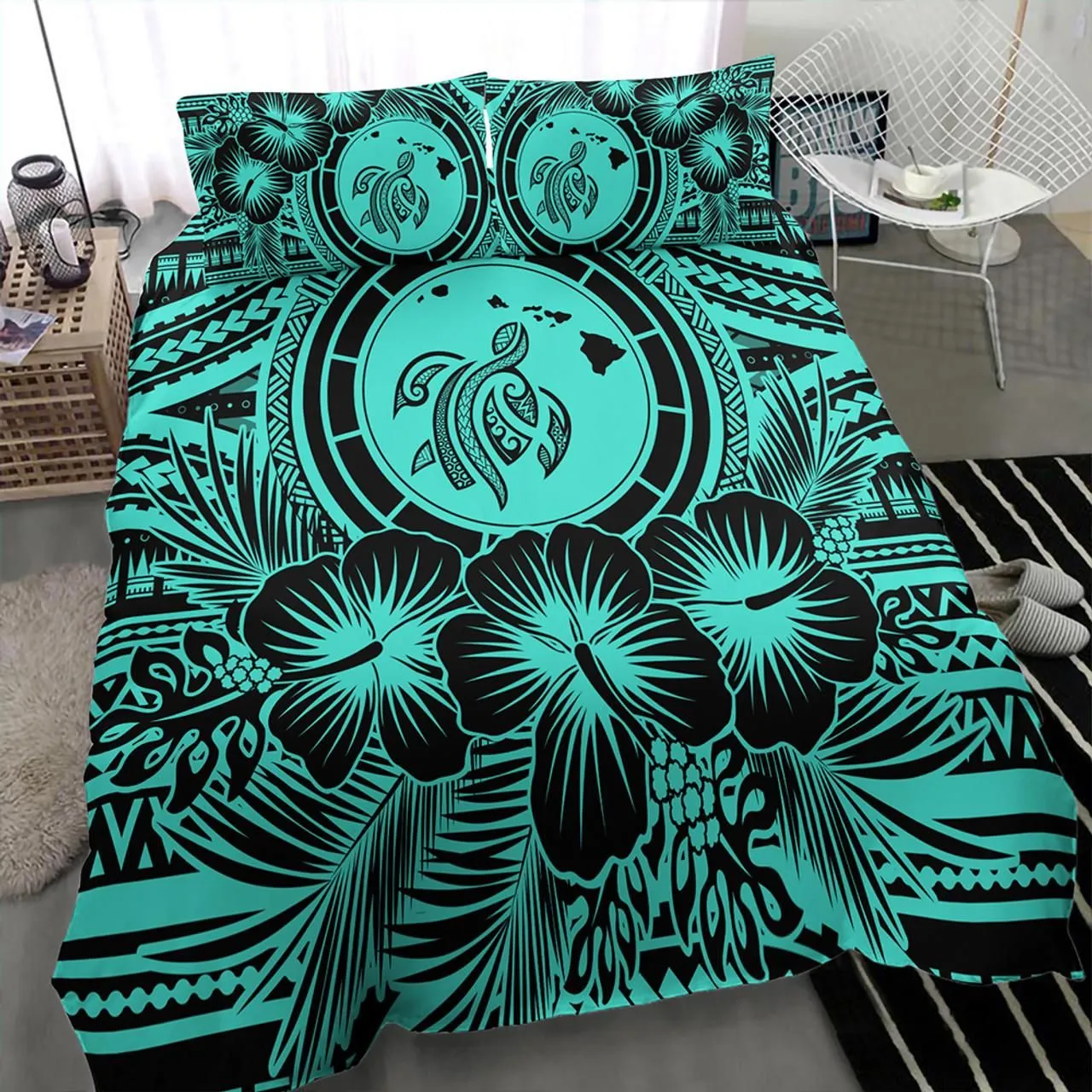 Hawaii Bedding Set Map Honu Hibiscus Polynesian Turquoise