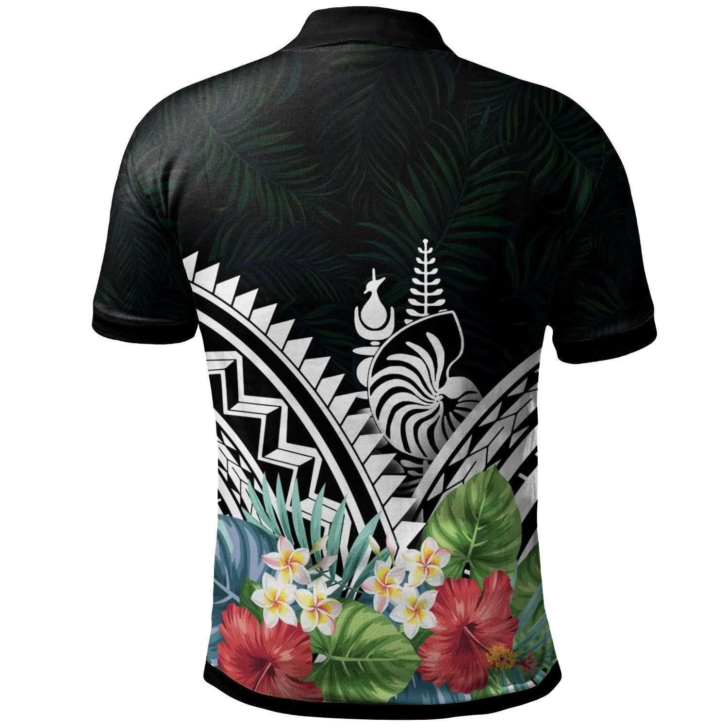 New Caleronia Polo Shirt - New Caleronia Coat of Arms & Polynesian Tropical Flowers White