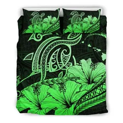 FamilyGater Home Set - Hawaiian Map Hibiscus Turtle Polynesian Bedding Set Green - AH - J1