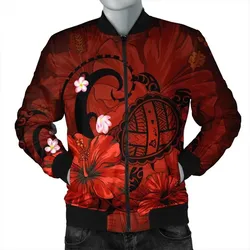 FamilyGater Jacket - Hawaiian Map Big Turtle Hibiscus Plumeria Tribal Polynesian Bomber Jacket - Red - AH - J6R