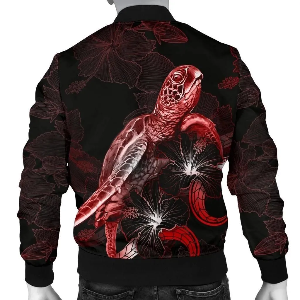 Hawaii Polynesian Men's Bomber Jacket - Turtle With Blooming Hibiscus Red  - BN22