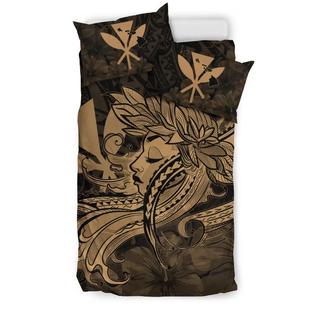 Hawaiian Map Hula Girl Hibiscus Kanaka Polynesian Bedding Set - Gold