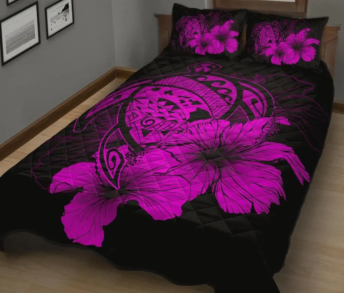 FamilyGater Home Set - Hawaiian Map Turtle Hibiscus Polynesian Quilt Bedding Set - Violet - AH J9