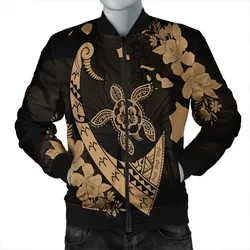 Hawaiian Map Hibiscus Turtle Fish Hook Polynesian Bomber Jacket Gold