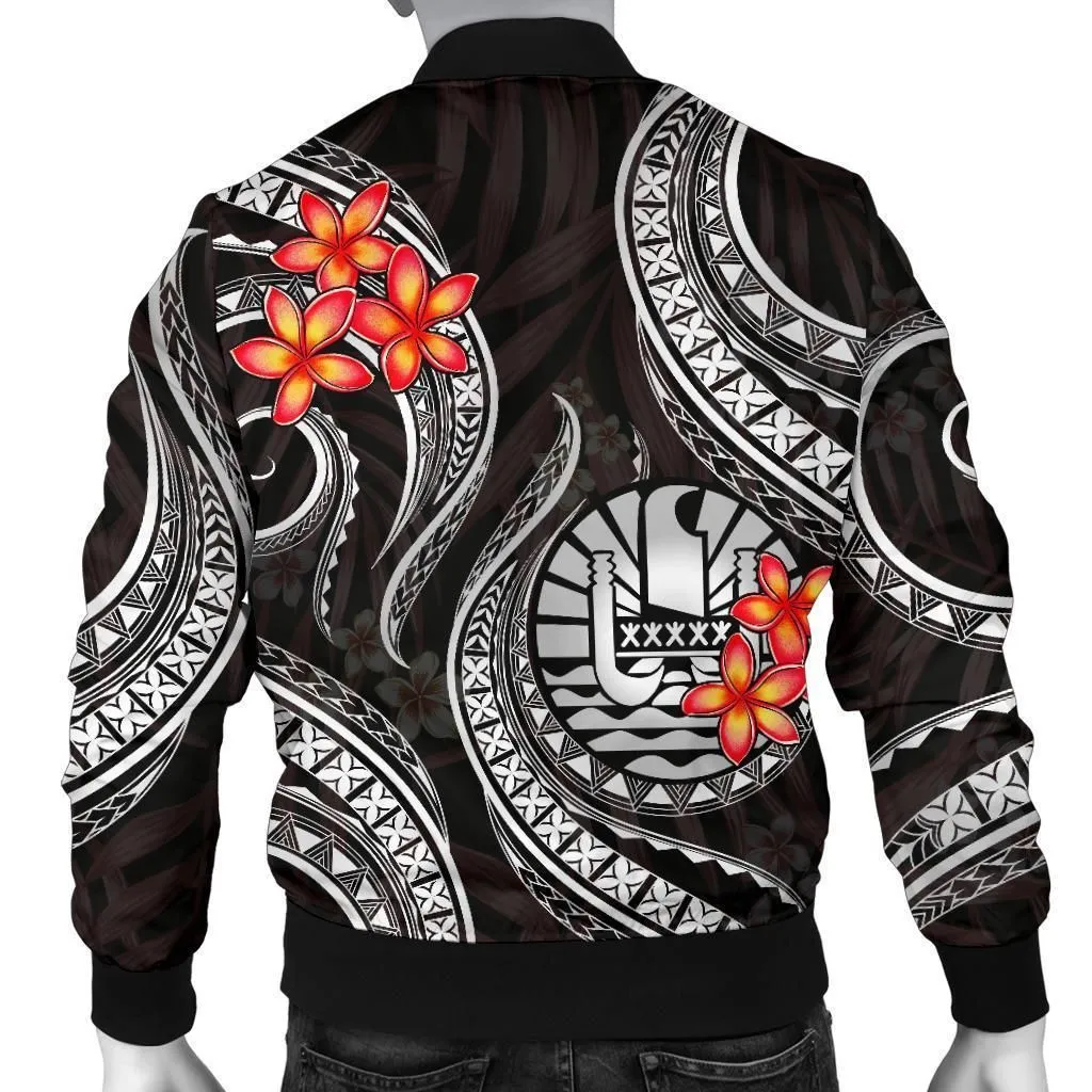 Tahiti Polynesian Men Bomber Jacket - White Plumeria