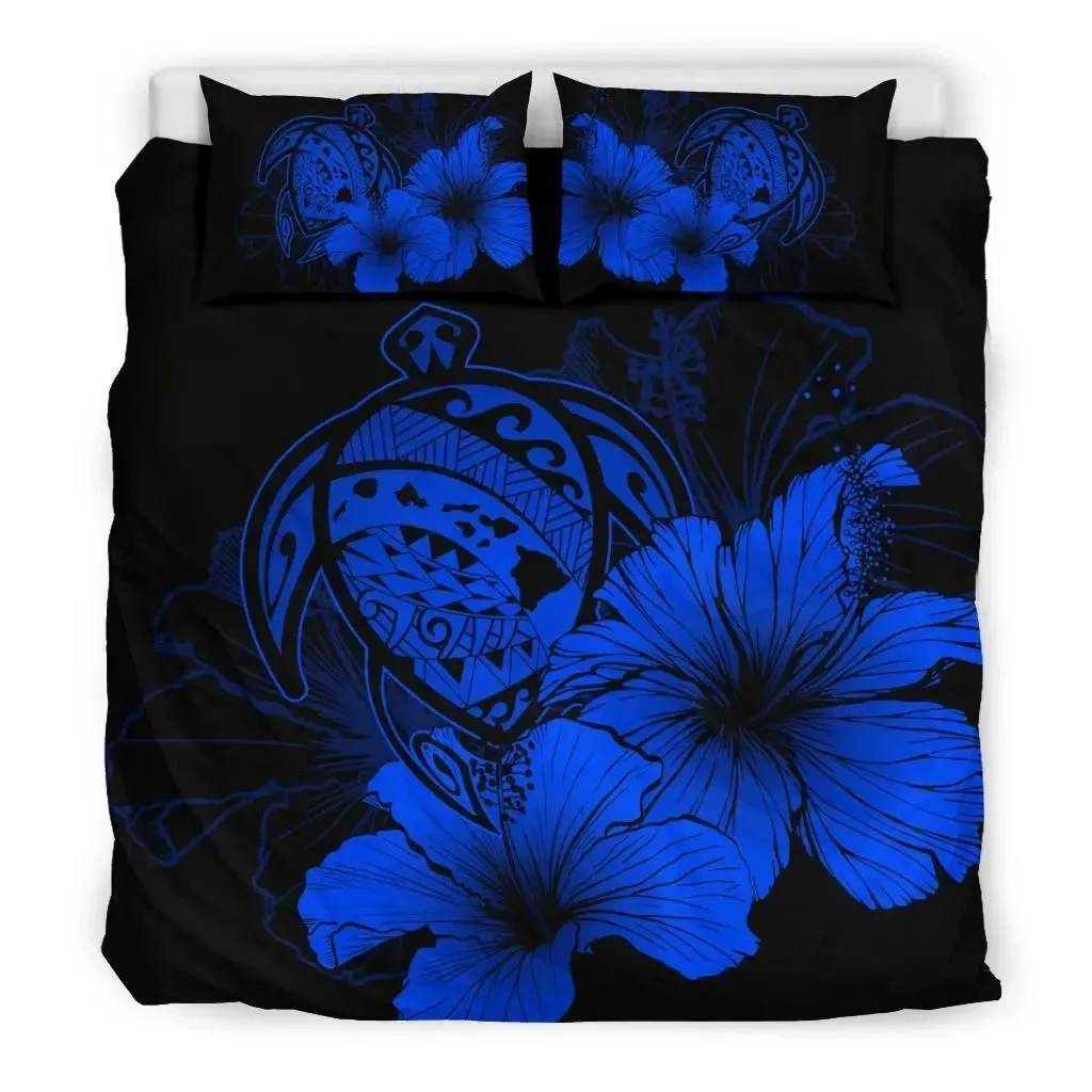 FamilyGater Home Set - Hawaiian Map Hibiscus Turtle Polynesian Bedding Set - Traffic Blue - AH J9