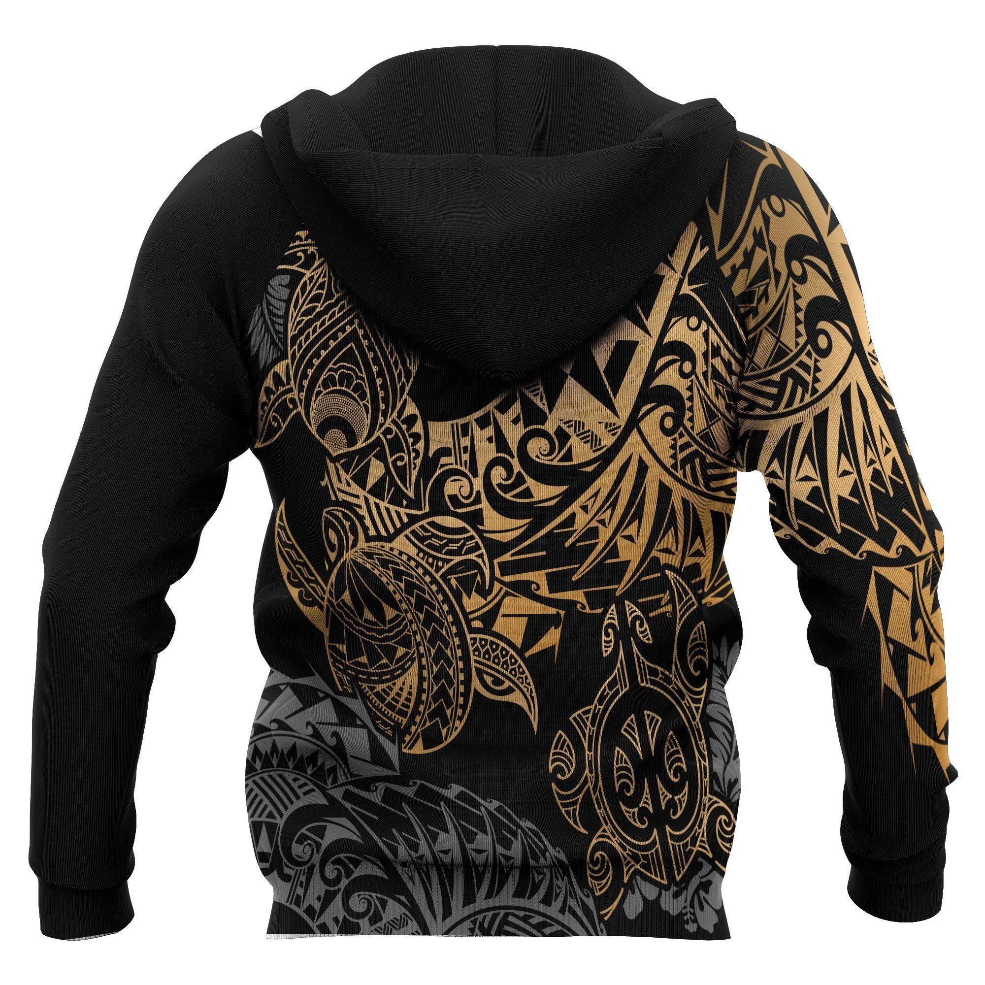 Polynesian Hawaii (Kanaka Maoli) Hoodie - Gold Turtle Hibiscus Flowing - BN11