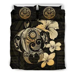 FamilyGater Bedding Set - Cover and Pillow Cases Marshall Islands Hibiscus Plumeria Mix Polynesian Gold Turtle - J1