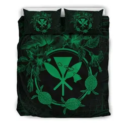 FamilyGater Home Set - Hawaii Kanaka Turtle Hibiscus Polynesian Bedding Set - Anthea Style Green - AH - J4