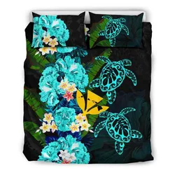 FamilyGater Bedding Set - Cover and Pillow Cases Kanaka Maoli (Hawaiian) - Polynesian Hibiscus Turtle Palm Leaves Blue A02