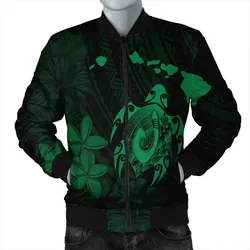 Hawaiian Map Turtle Plumeria Hibiscus Fish Hook Polynesian Bomber Jacket Green - AH