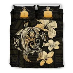 Alohawaii Bedding Set - Cover and Pillow Cases Tokelau Hibiscus Plumeria Mix Polynesian Gold Turtle - J1