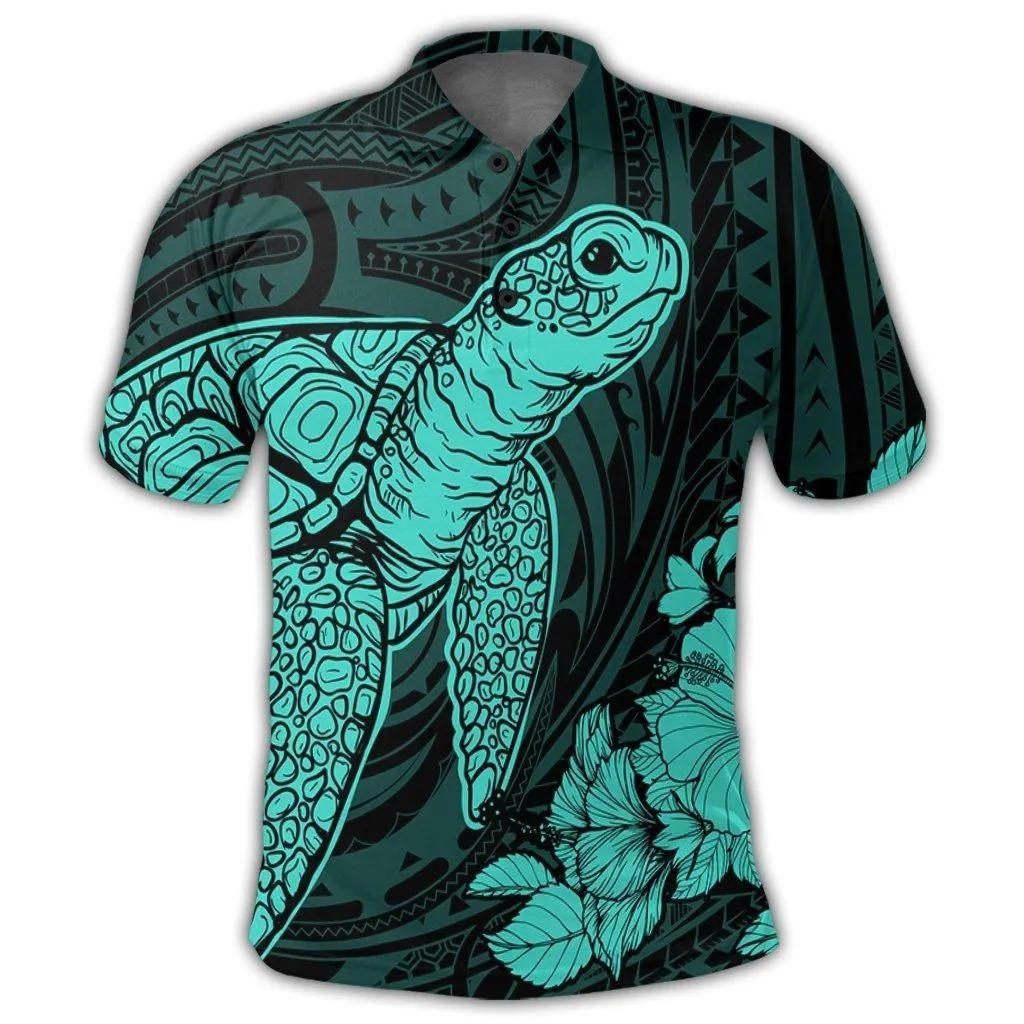 Hawaiian Hibiscus Memory Turtle Polynesian Polo Shirt Turquoise