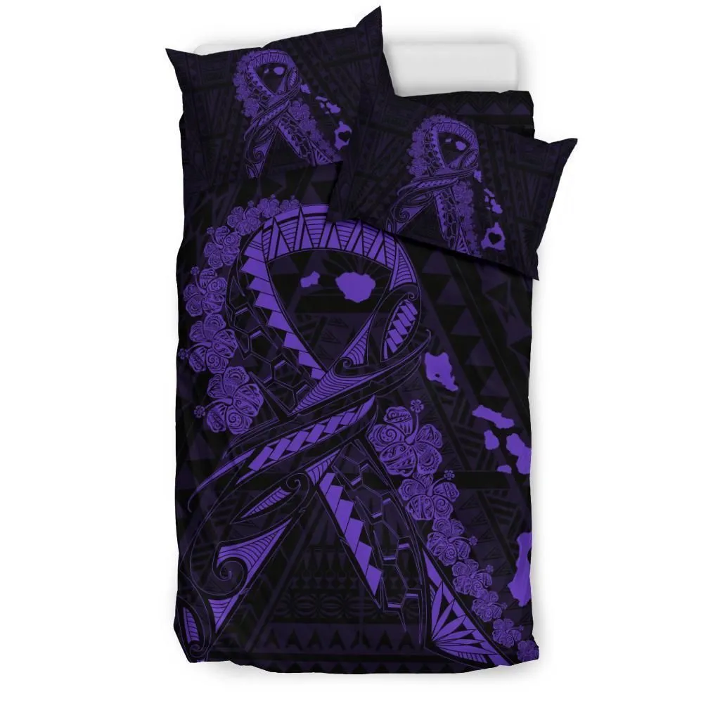 Hawaiian Map Heart Ribbon Cancer Hibiscus Polynesian Bedding Set - Purple - AH J4