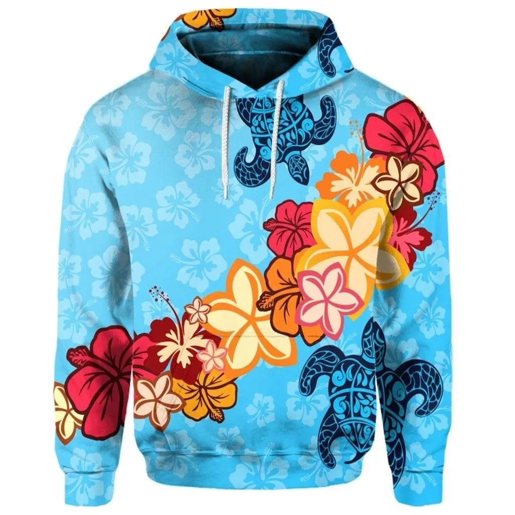 (Personalised) Hawaiian Ocean Turtle Plumeria And Hibiscus Polynesian Hoodie
