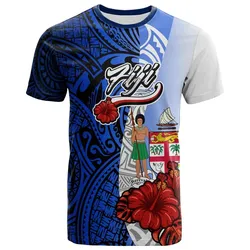 Fiji Polynesian T-shirt - Coat Of Arm With Hibiscus Blue - BN12