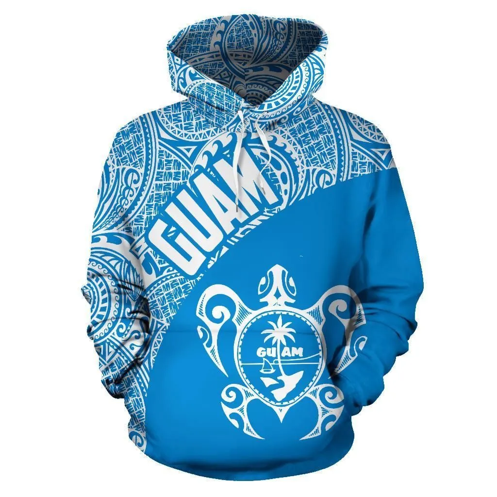 Guam Hoodie - Guam Coat Of Arm in Turtle Polynesian Tattoo Blue White