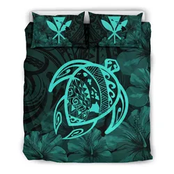 FamilyGater Home Set - Hawaiian Map Turtle Kanaka Hibiscus Polynesian Bedding Set - Turquoise - AH J4