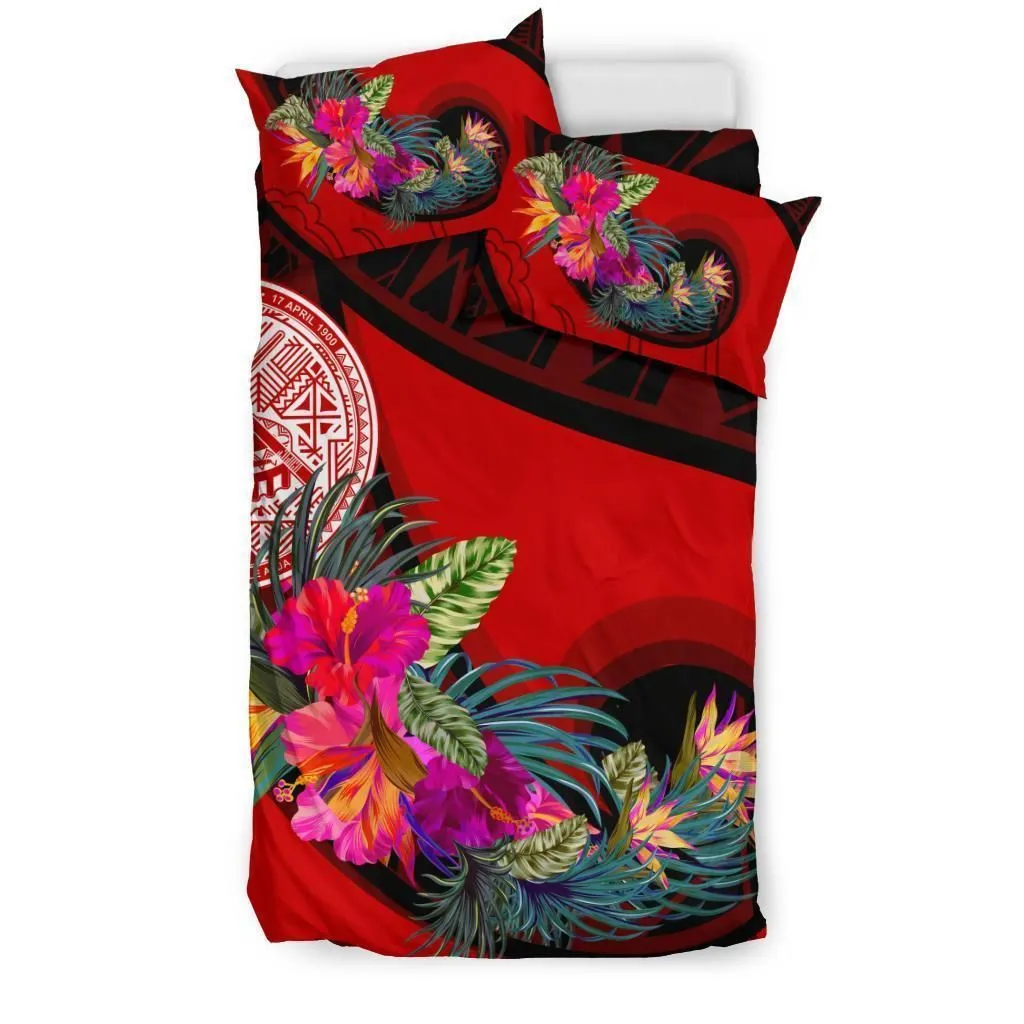 American Samoa Bedding Set - Polynesian Hook And Hibiscus (Red)
