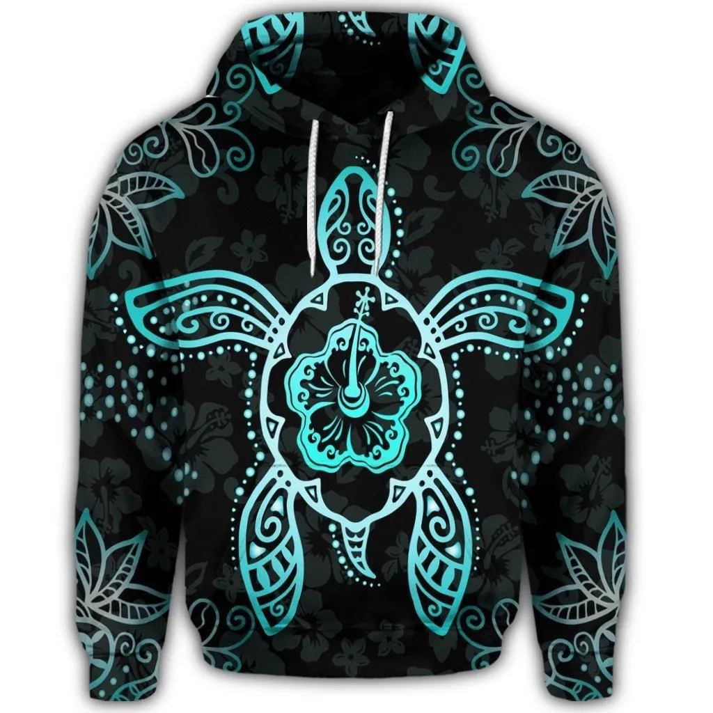 Hawaiian Turtle And Hibiscus Polynesian Hoodie Turquoise