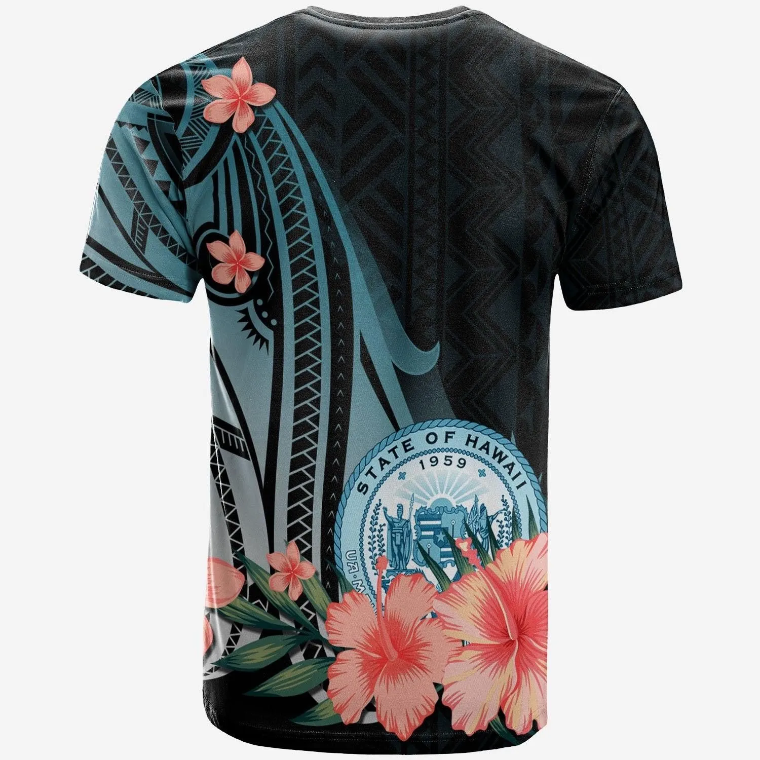 Hawaii T-Shirt - Turquoise Polynesian Hibiscus Pattern Style