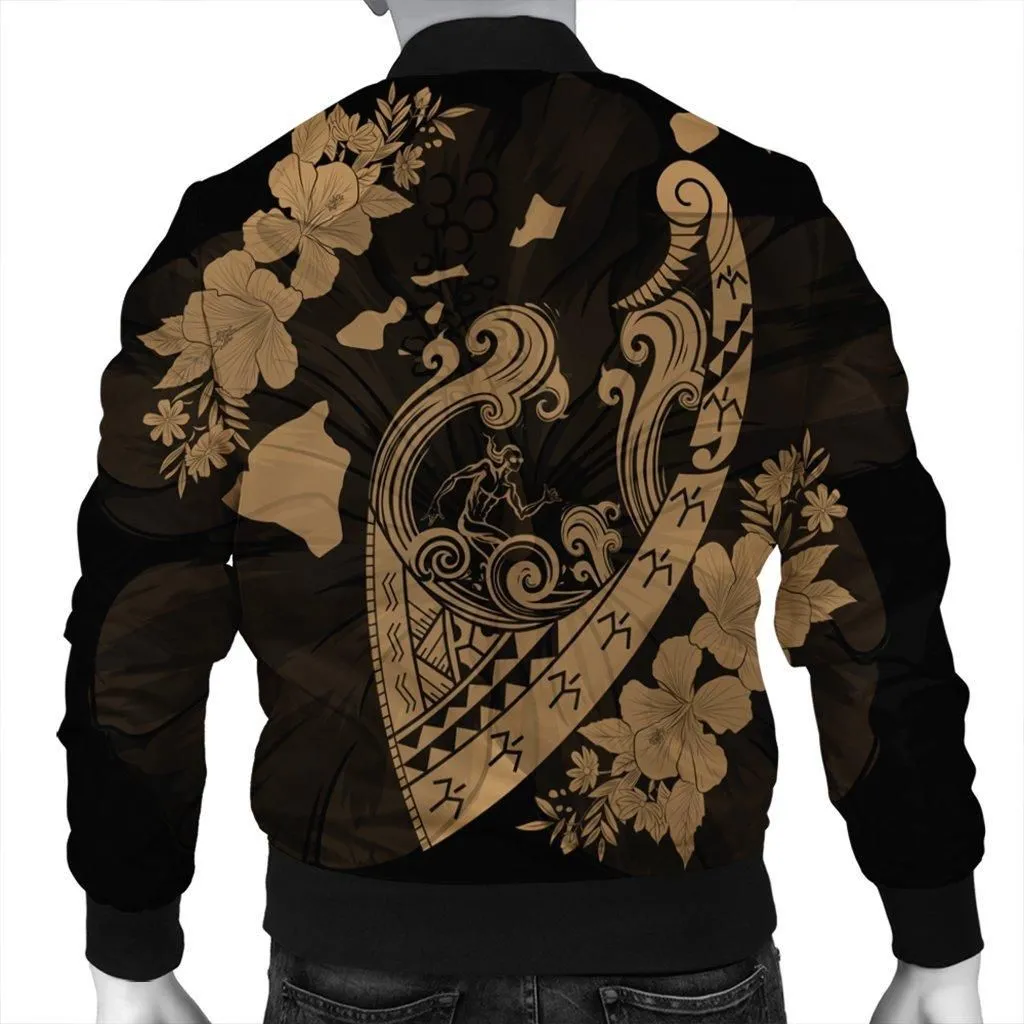 Hawaiian Fish Hook Hibiscus Banzai Surfing Polynesian Bomber Jacket Gold