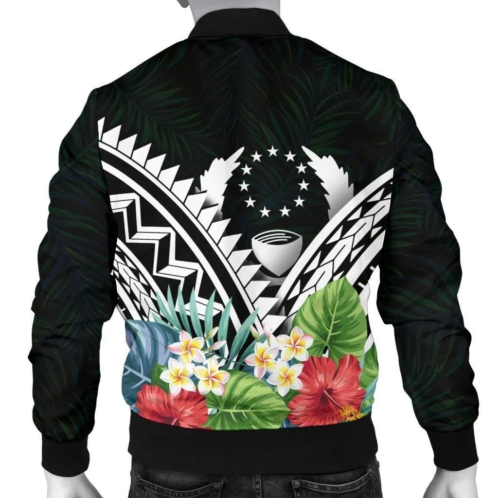 Pohnpei Mens Bomber Jacket - Pohnpei Caledonia Coat of Arms and Polynesian Tropical Flowers White