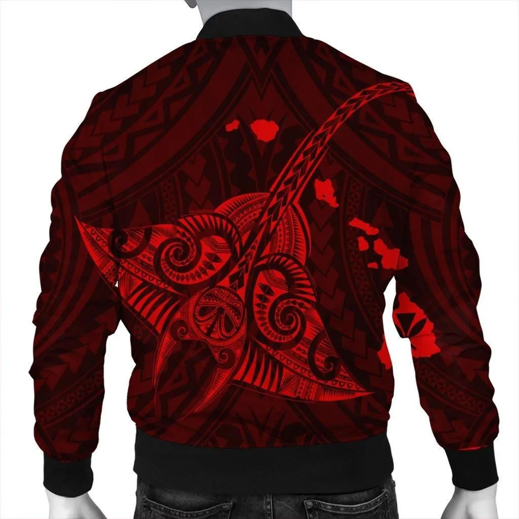 Hawaiian Map Kanaka Manta Ray Polynesian Bomber Jacket Red - AH