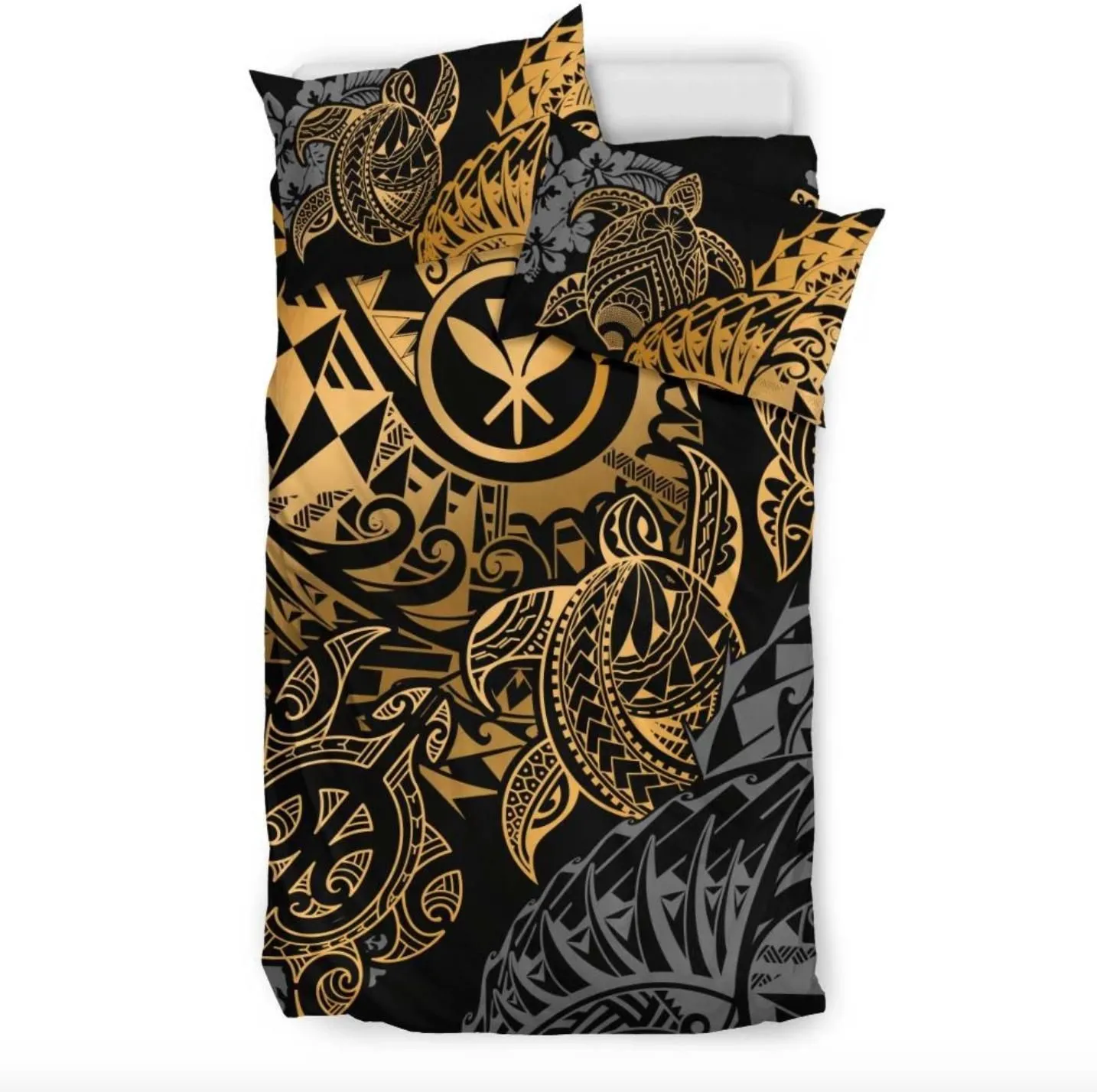 Polynesian Hawaii (Kanaka Maoli) Bedding Set - Gold Hibiscus Turtle Flowing