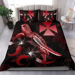 Wallis And Futuna Polynesian Bedding Set - Turtle With Blooming Hibiscus Red