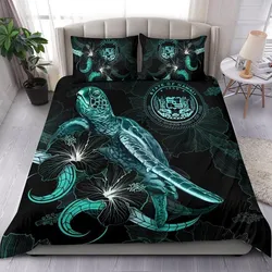 Alohawaii Bedding Set - Cover and Pillow Cases Hawaii Polynesian - Turtle With Blooming Hibiscus Turquoise - BN22