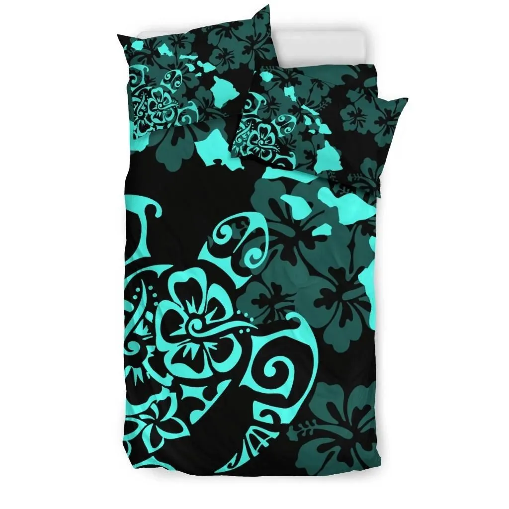FamilyGater Home Set - Hawaiian Map Turtle Hibiscus Plumeria Polynesian Blue Bedding Set - AH J4