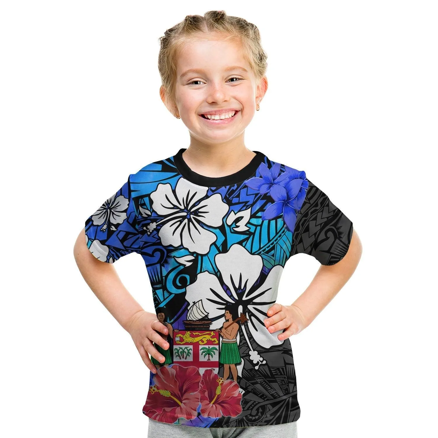 (Custom Text and Number) Fiji Tie Dye T Shirt KID Polynesian Blue Tribal Creative Tropical Flowers LT13