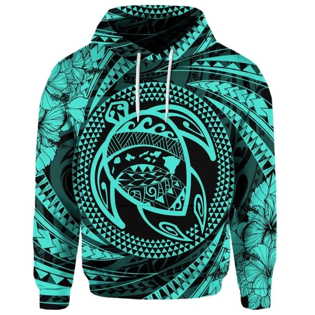(Personalised) Hawaiian Kanaka Honu Hibiscus Tornando Polynesian Turquoise Hoodie