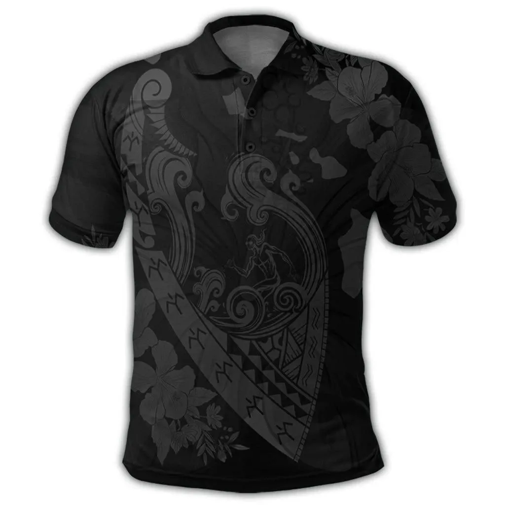 Alohawaii Shirt - Hawaiian Fish Hook Hibiscus Banzai Surfing Polynesian Polo Shirt Grey - AH - J5R