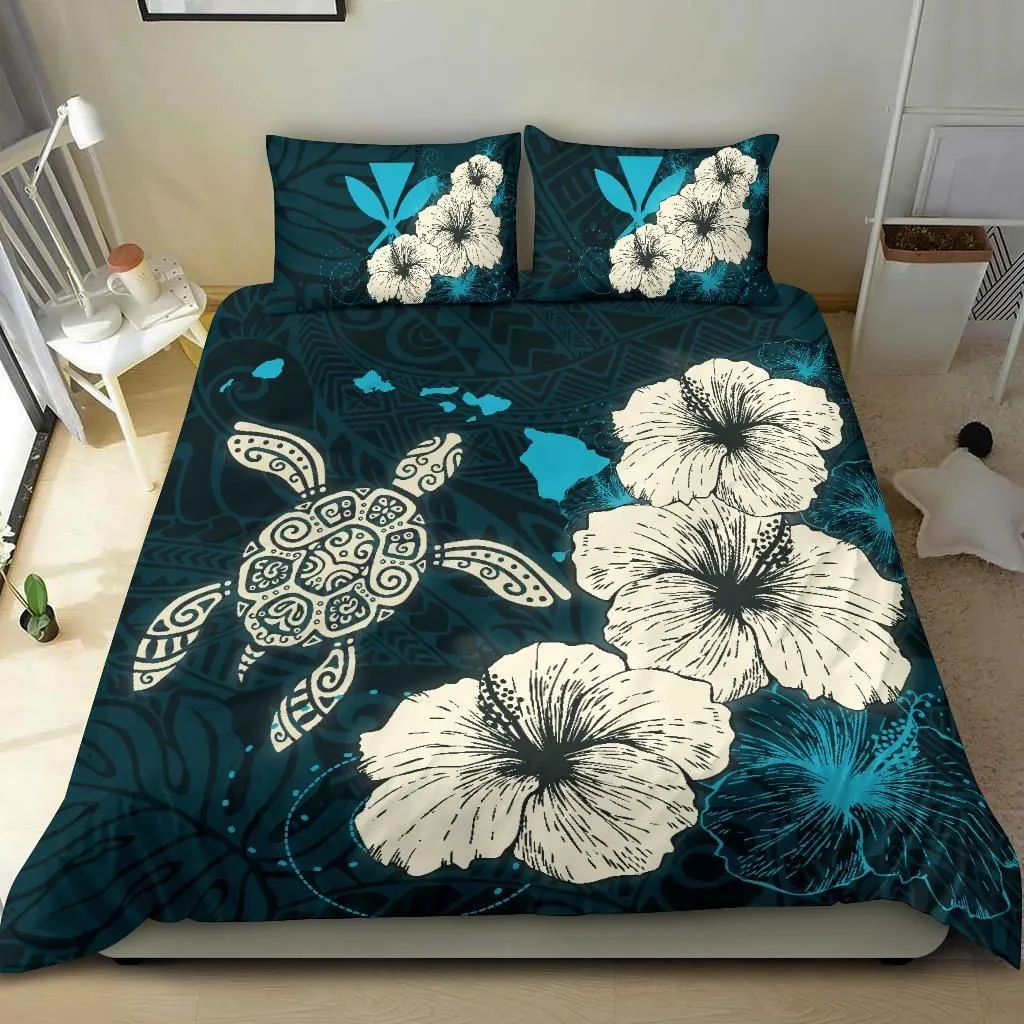 Hawaiian Hibiscus Turtle Polynesian Bedding Set - Maps Style Ocean