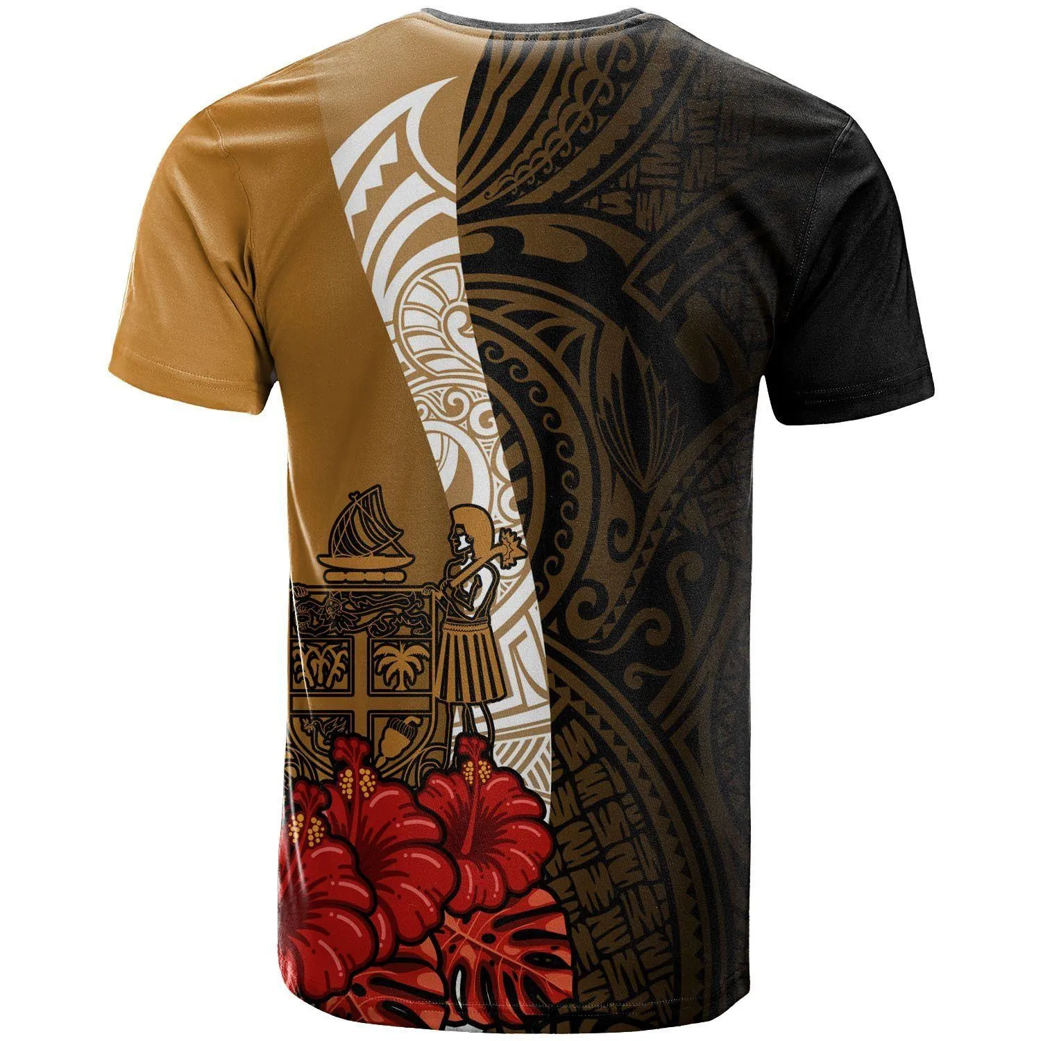 Fiji Polynesian Custom Personalised T-Shirt - Coat Of Arms With Hibiscus Gold - BN12