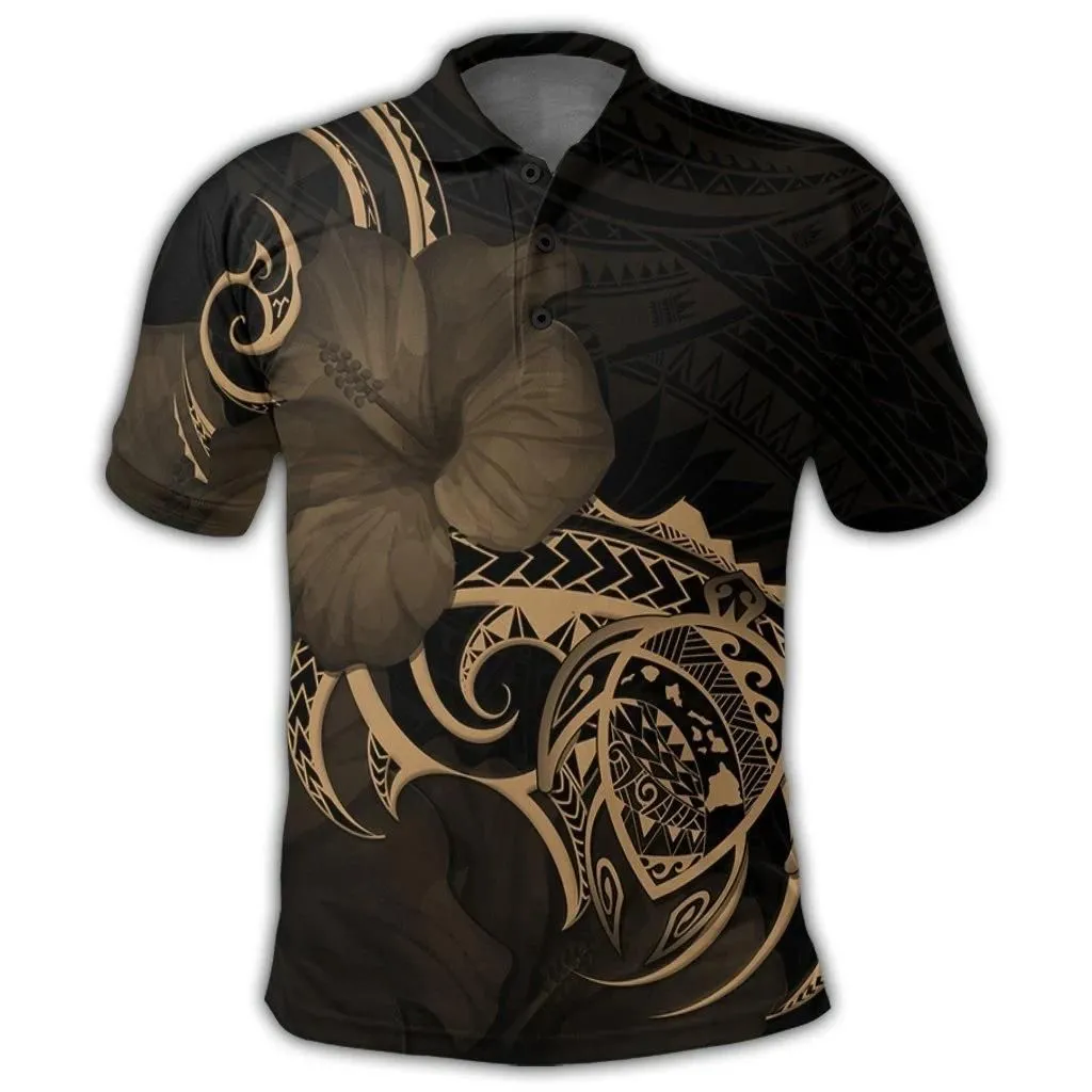 Alohawaii Shirt - Hawaii Map Turtle Hibiscus Divise Polynesian Polo Shirt Gold - AH - JR
