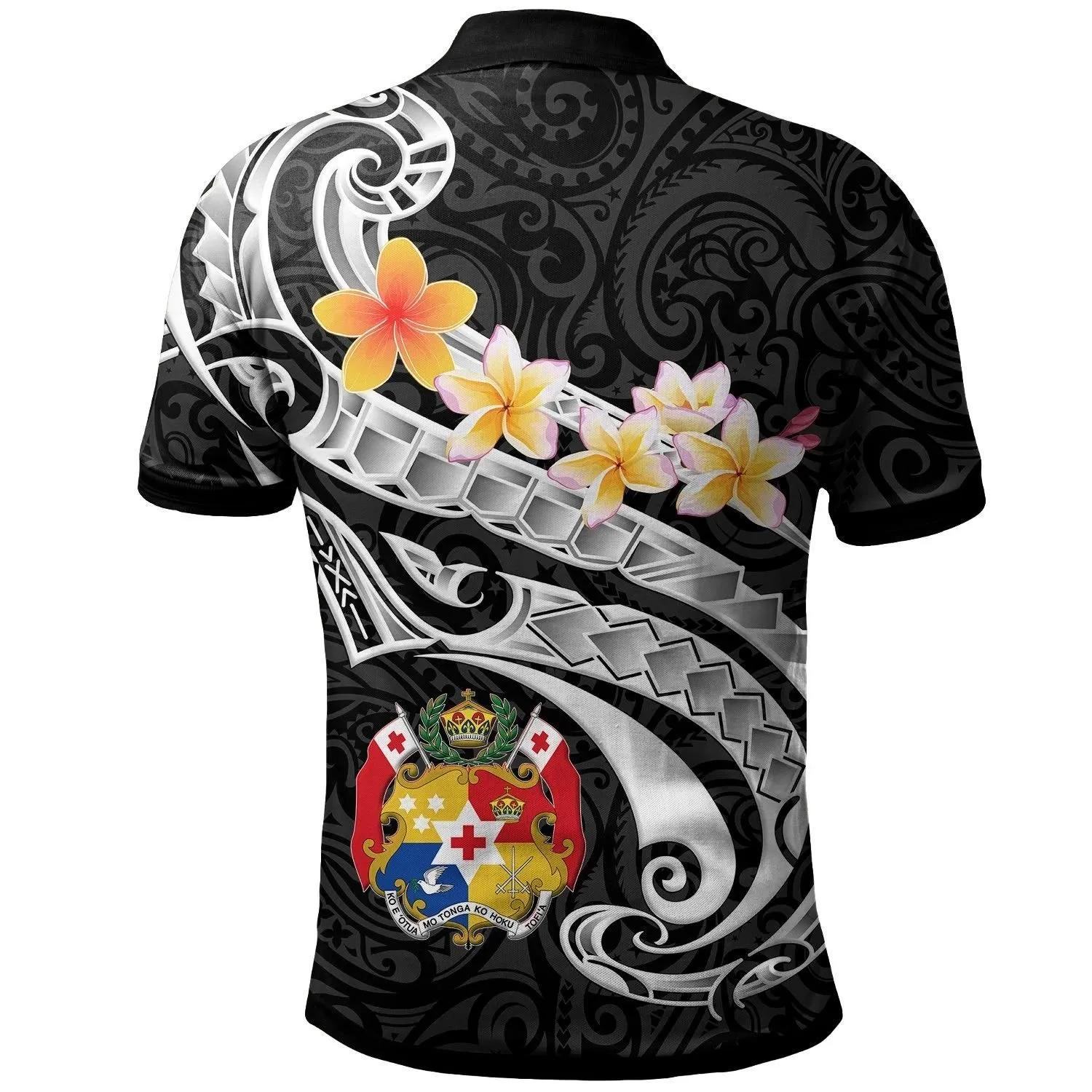 Tonga Custom Personalised Polo Shirt - Tonga Seal  Polynesian Patterns Plumeria (Black) - BN25