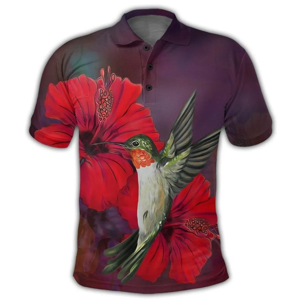 Hawaiian Hummingbird and Hibiscus Polynesian Polo Shirt