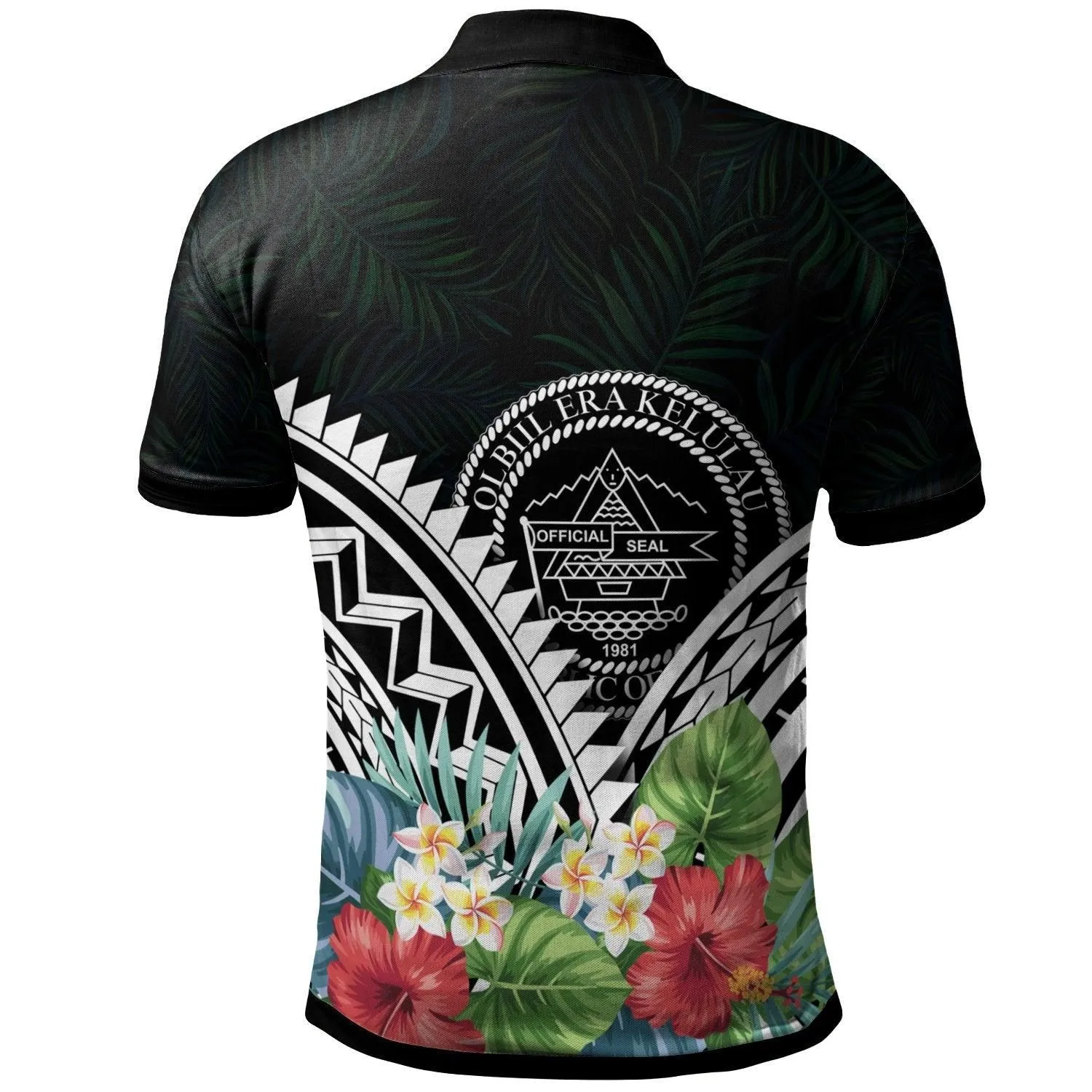 Palau Polo Shirt - Palau Coat of Arms & Polynesian Tropical Flowers White